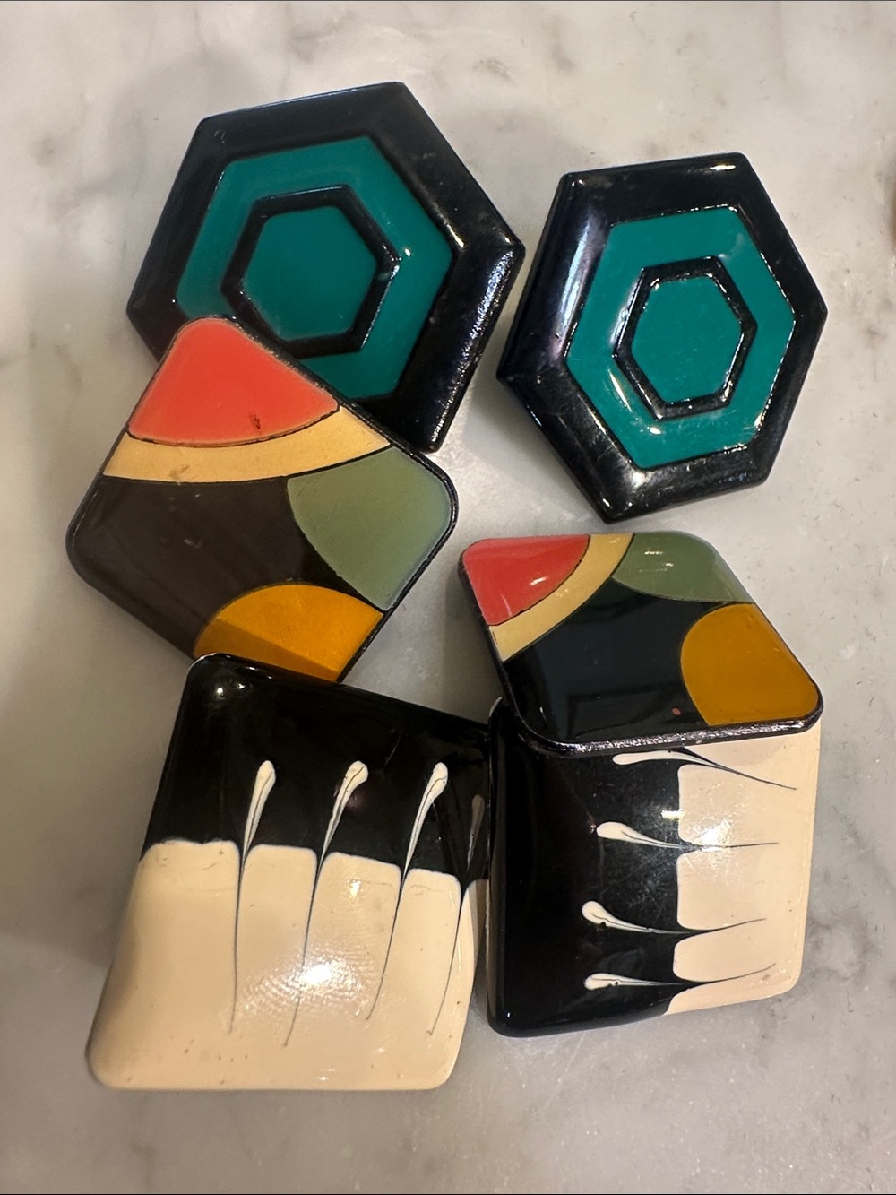 Vintage 3prs RETRO statement metal earrings- Black, Green, Cream, Red, Orange